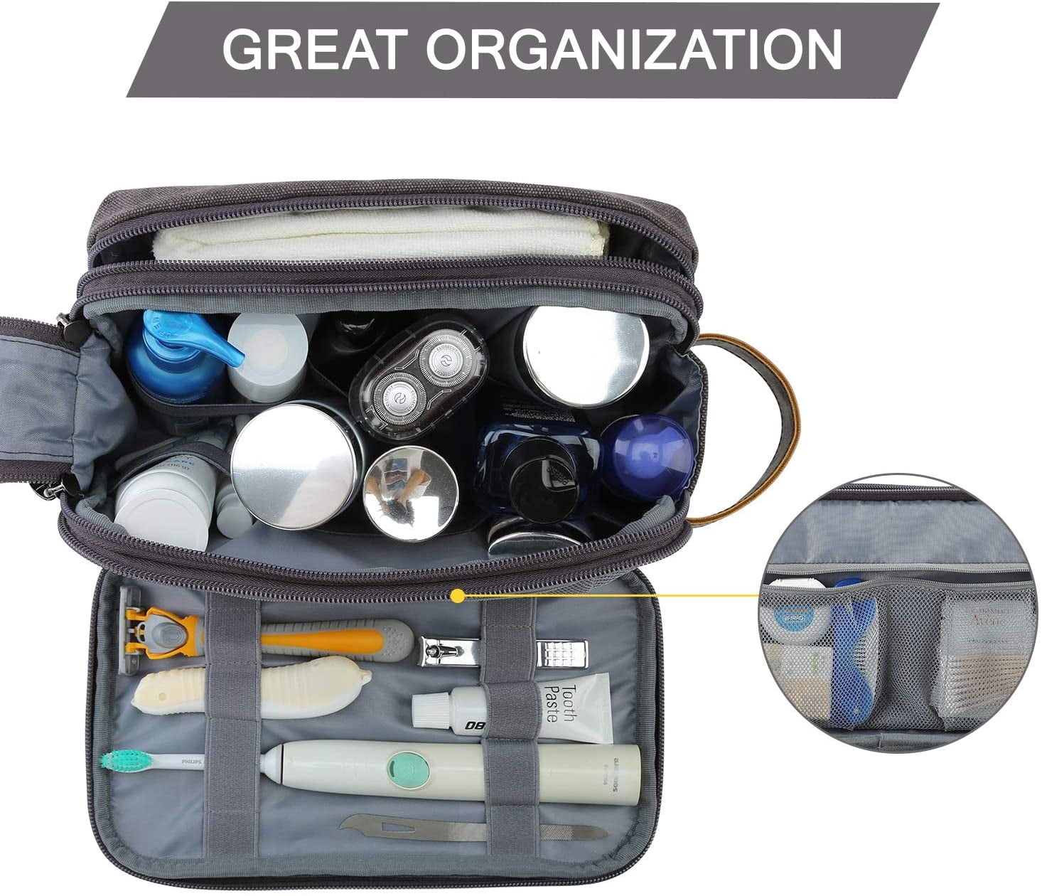 Toiletry Bag for Men, Canvas Travel Toiletry Organizer Dopp Kit Water-resistant Shaving Bag for Toiletries Accessories,Grey-Medium