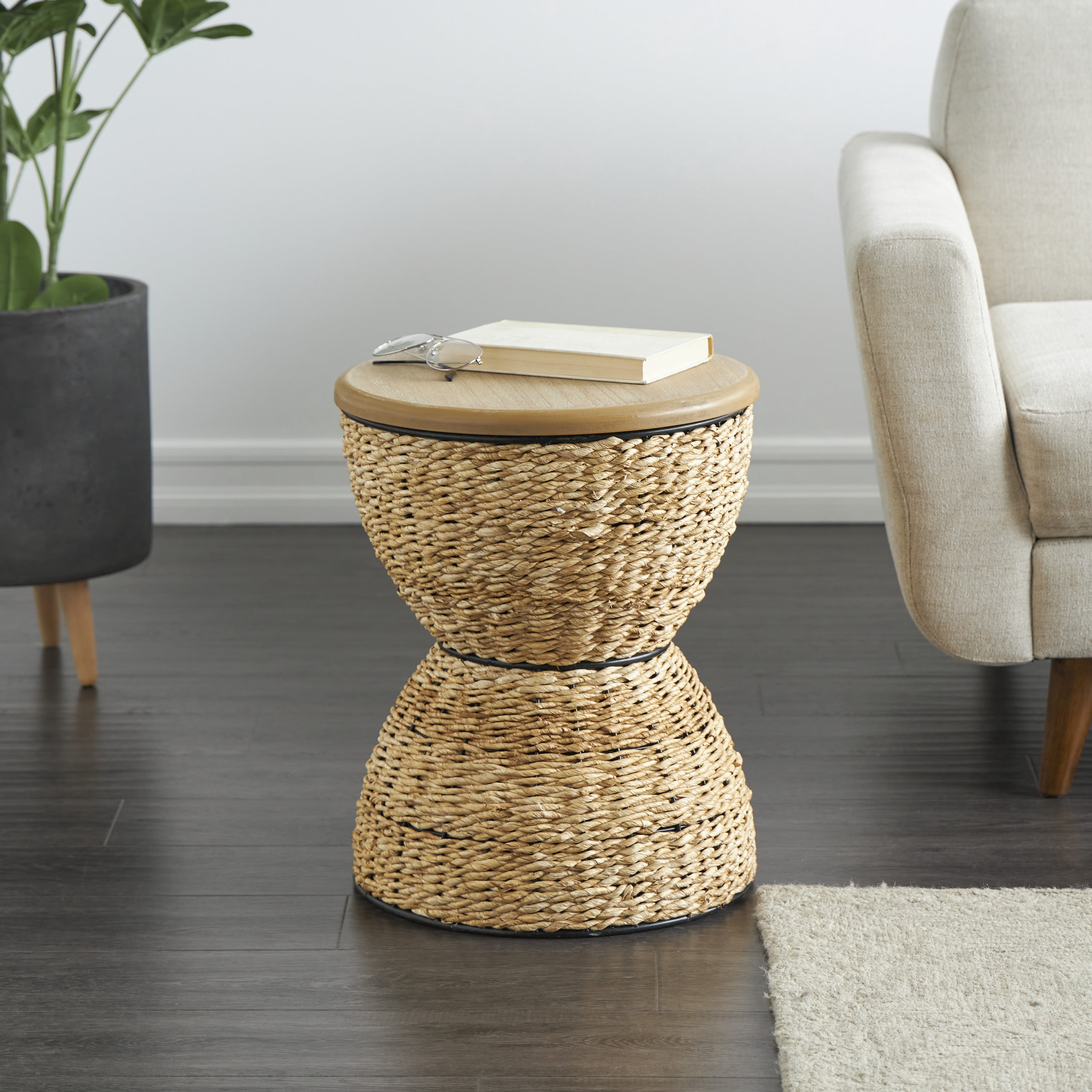 DecMode Rattan Handmade Woven Stool with Wood Tabletop and Black Frame, Brown