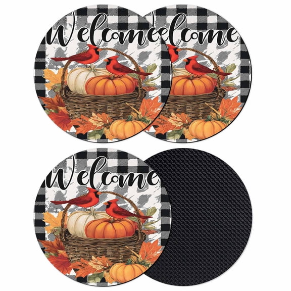 Welcome Fall Coasters Set of 4, Absorbent Coasters for Drinks, Thanksgiving Pumpkins Black Plaid Coaster for Desk Coffee Table Protection, Home Decor House Warming Gifts 4"