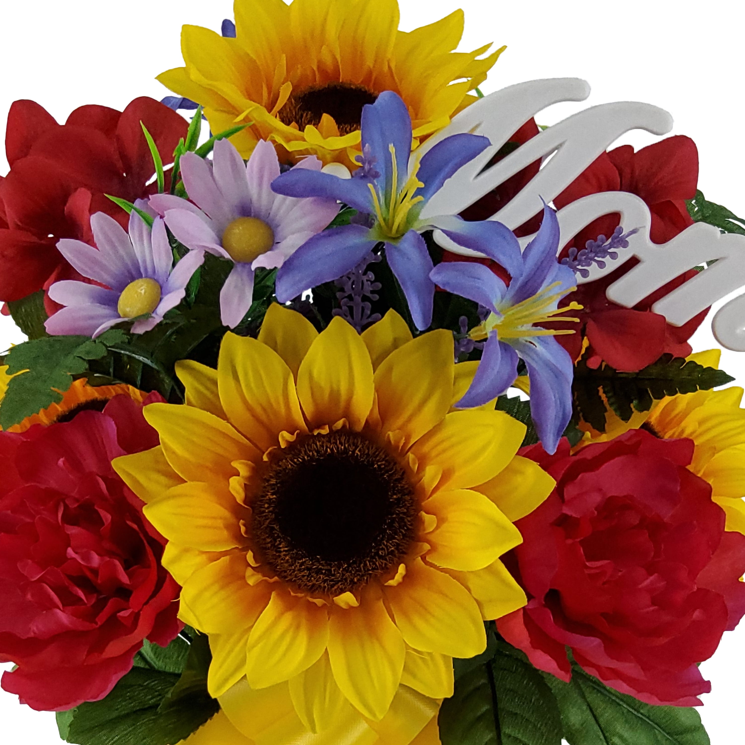 Mainstays 20in Outdoor Artificial Flowers in Vase with "Mom" Sign, Yellow Sunflower and Red Peony.