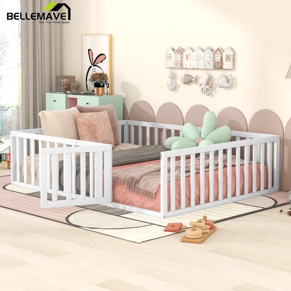 Bellemave Queen Floor Bed with Fence and Door, Queen Size Montessori Floor Bed Frame, Low Profile Toddler Bed Frame with Safety Guardrails, Slats Not Included, White