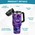 thumbnail image 4 of 40oz insulated car cup with handle and straw suitable for all ages Stainless steel vacuum insulated cup. Shimmering Purple Butterflies, 4 of 10