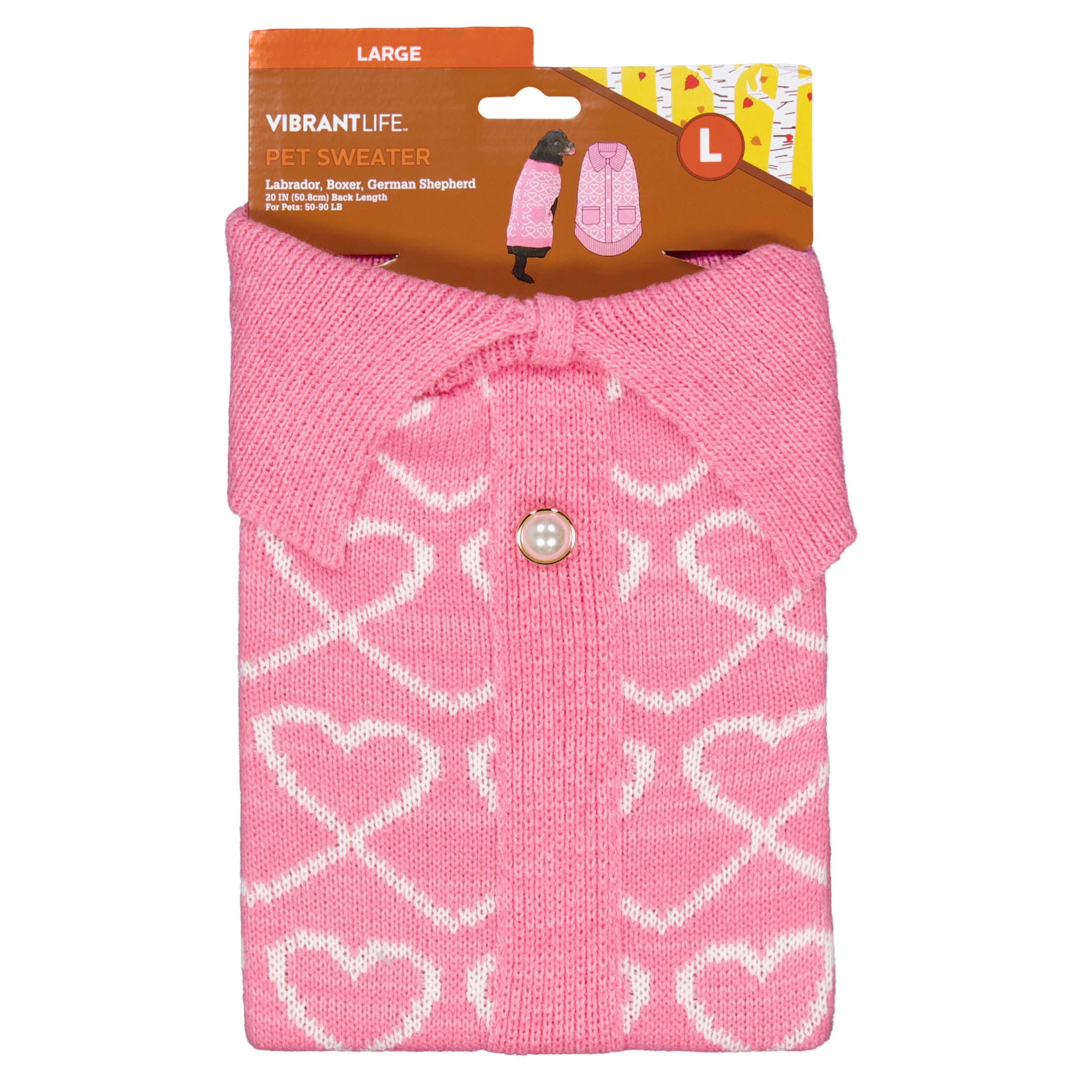 Vibrant Life Sweater for Dogs, Hearts with Pearl Buttons, Pink, L