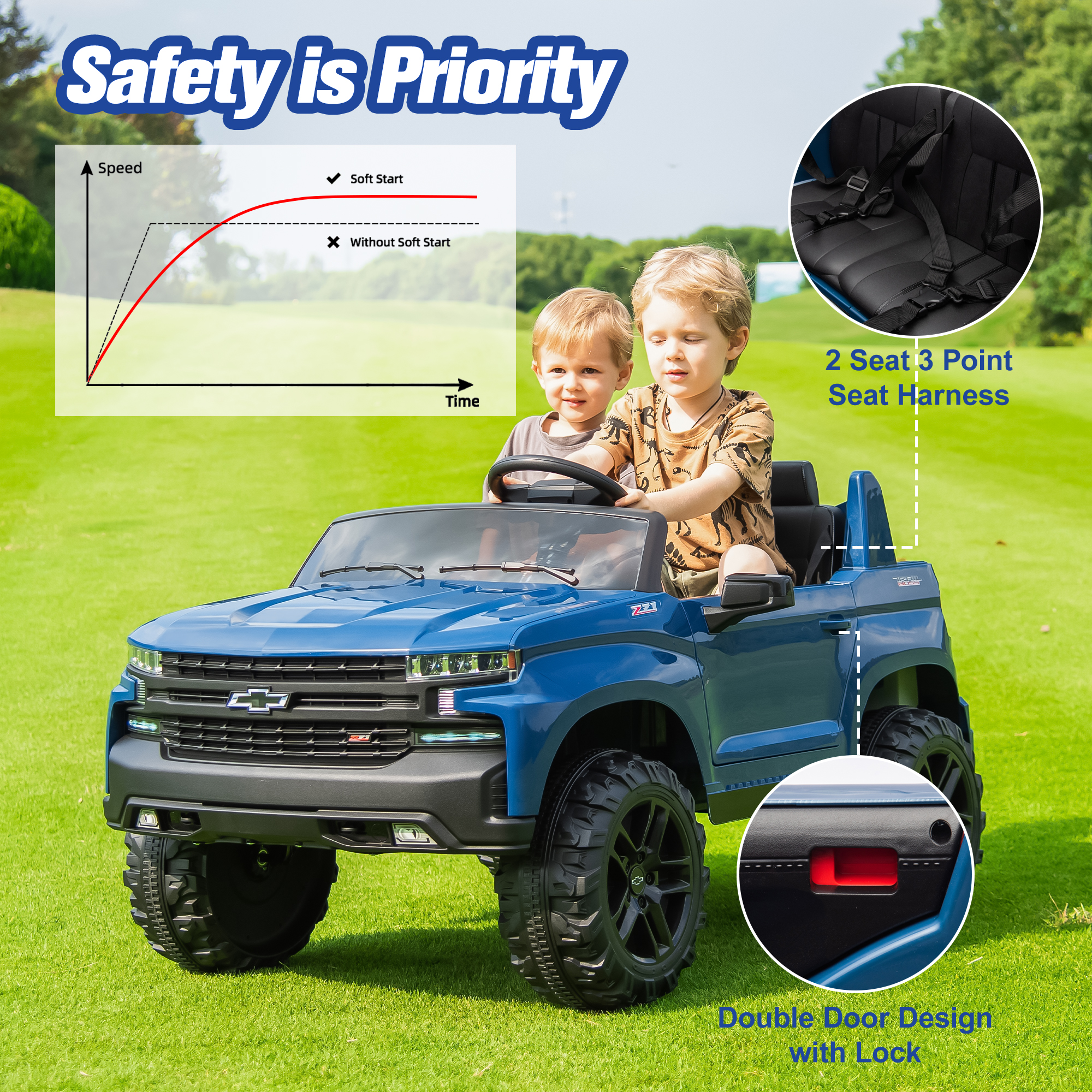 Chevrolet Silverado 24V Powered Ride on Cars for Kids, Extra large Real 2 Seat Ride on Toys with Remote Control, LED Light, MP3 Player, Electric Vehicles Ride on Truck for Boys Girls Gifts, Blue