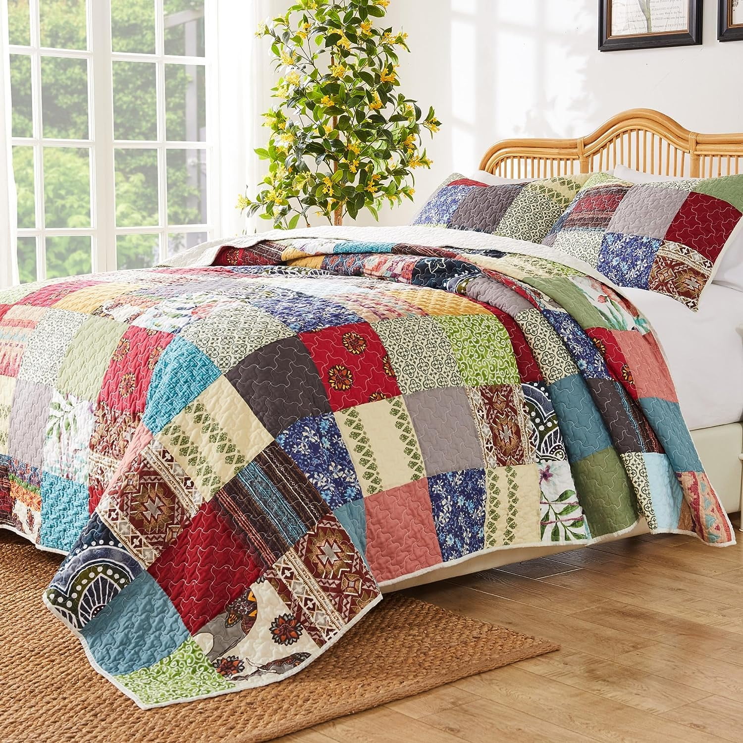 Greenland Home Fashions Renee Upcycle Remnant Fabric Authentic Patchwork Quilt Set, 3-Piece King