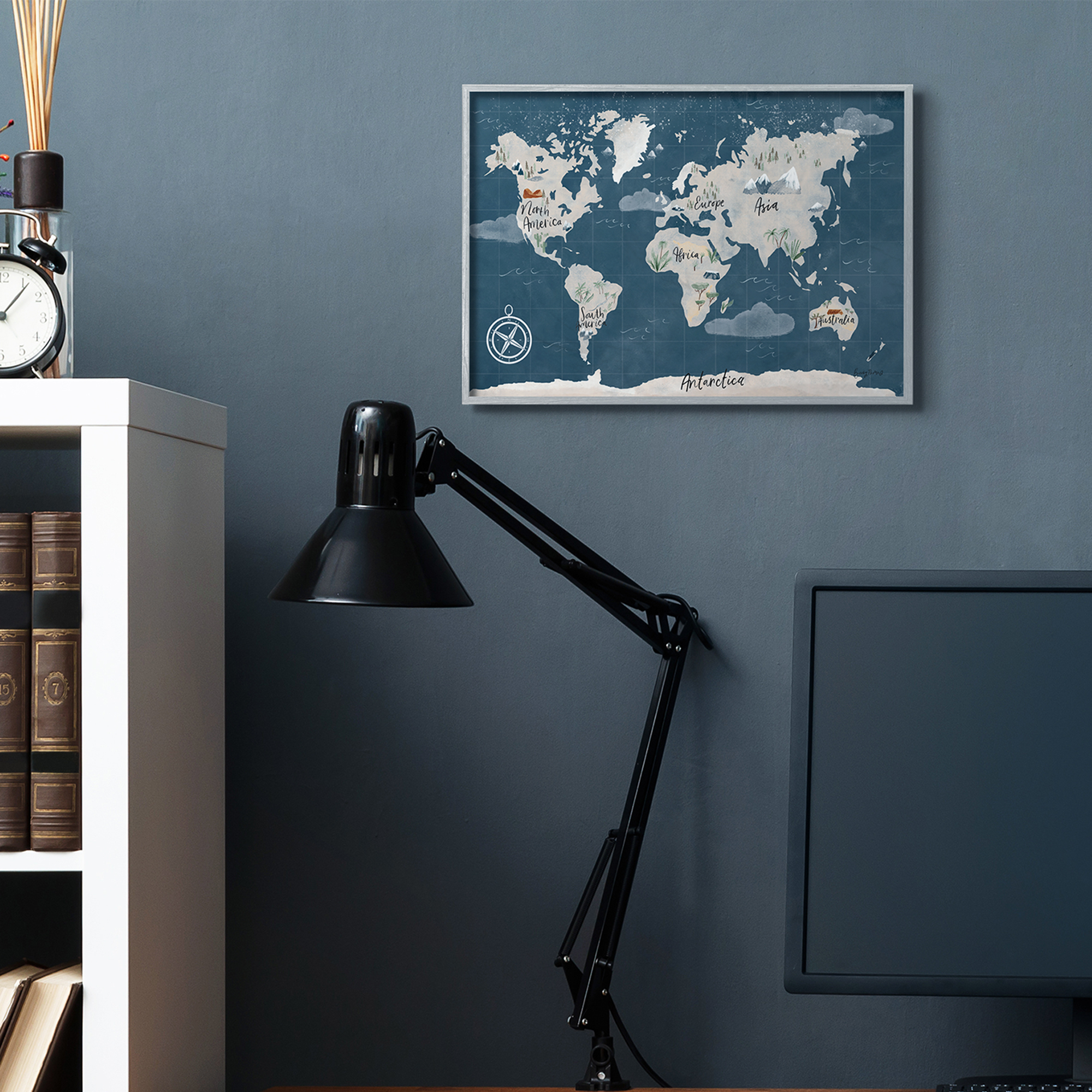 Stupell Industries Vintage Blue World Map Nautical Cloud Details Gray Framed by Becky Thorns