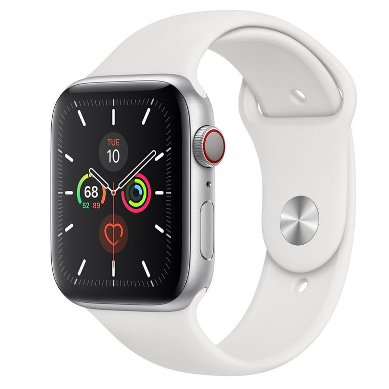 Pre owned Apple Watch Series 5 44mm Silver Aluminum Case GPS Cellular White Sport Band Refurbished Grade B Size 44 mm