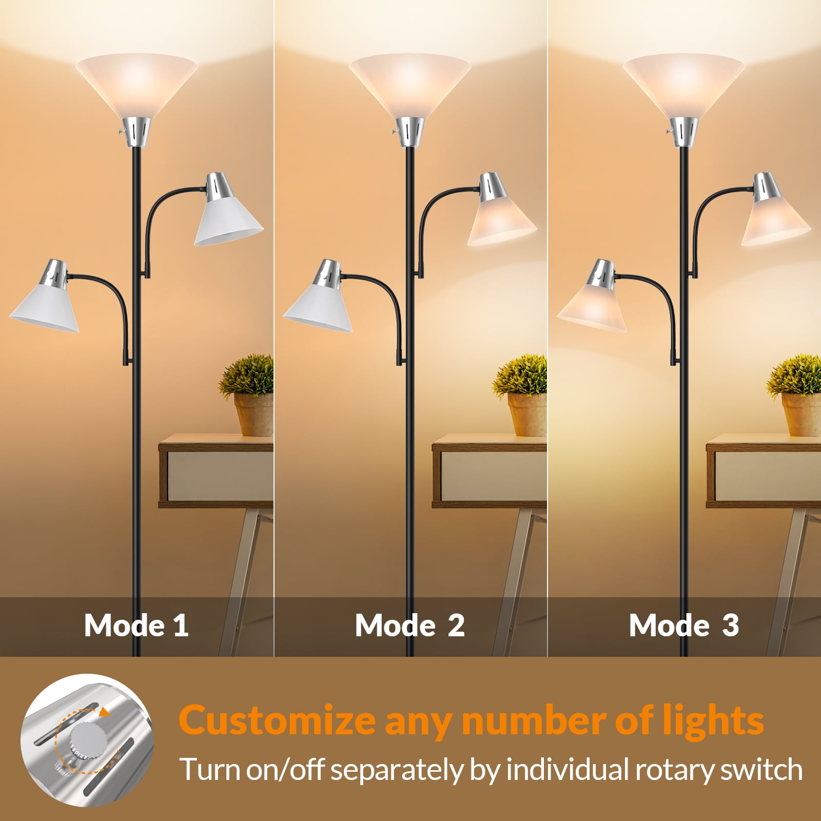 LEPOWER 3-Head LED Floor Lamp with Adjustable Reading Lights, 3000K Warm White, Modern Standing Lamp for Living Room, Bedroom, Office, Black
