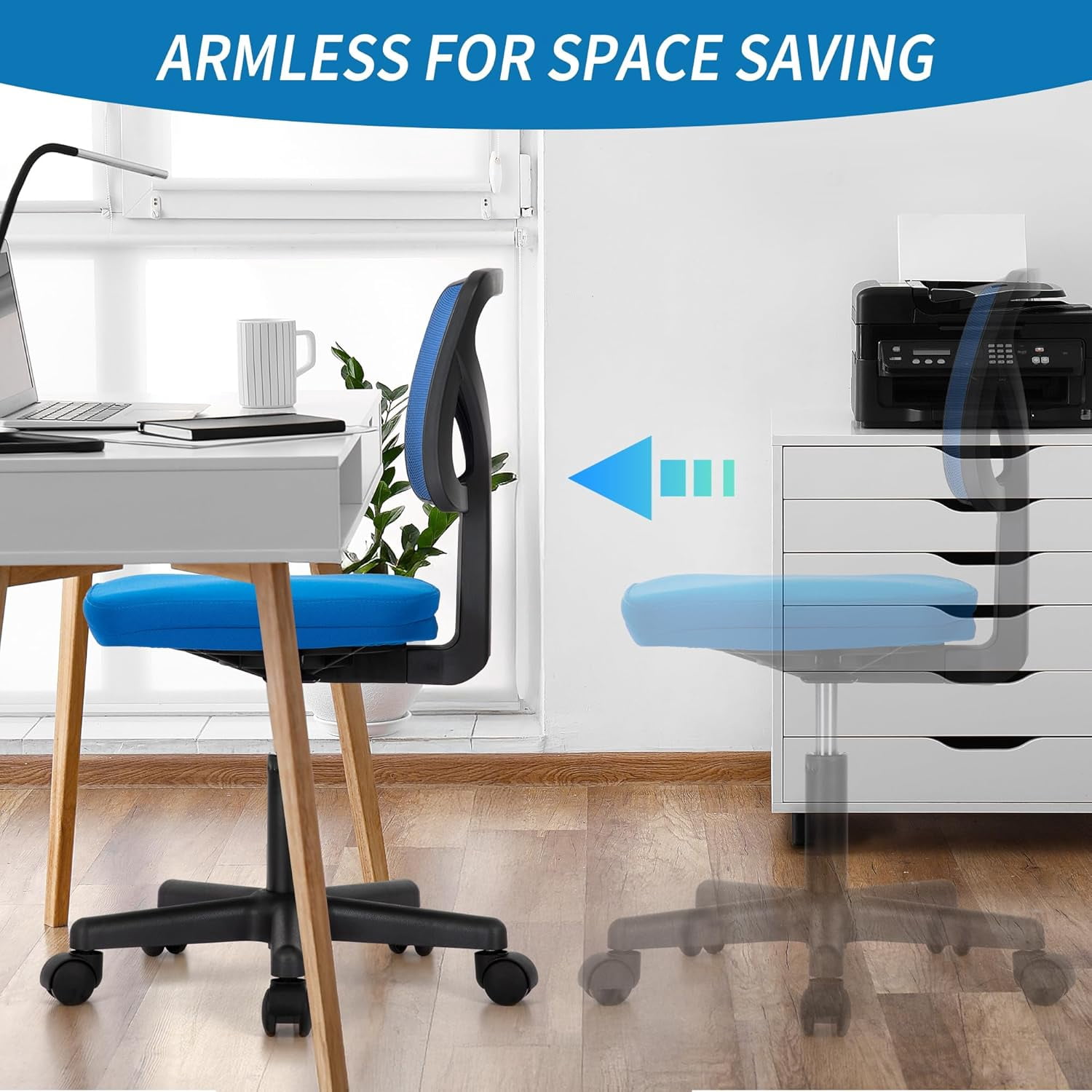 QUIOCOZY Armless Small Home Office Desk Chair, Ergonomic Low Back Computer Chair, Adjustable Rolling Swivel Task Chair with Lumbar Support for Small Space