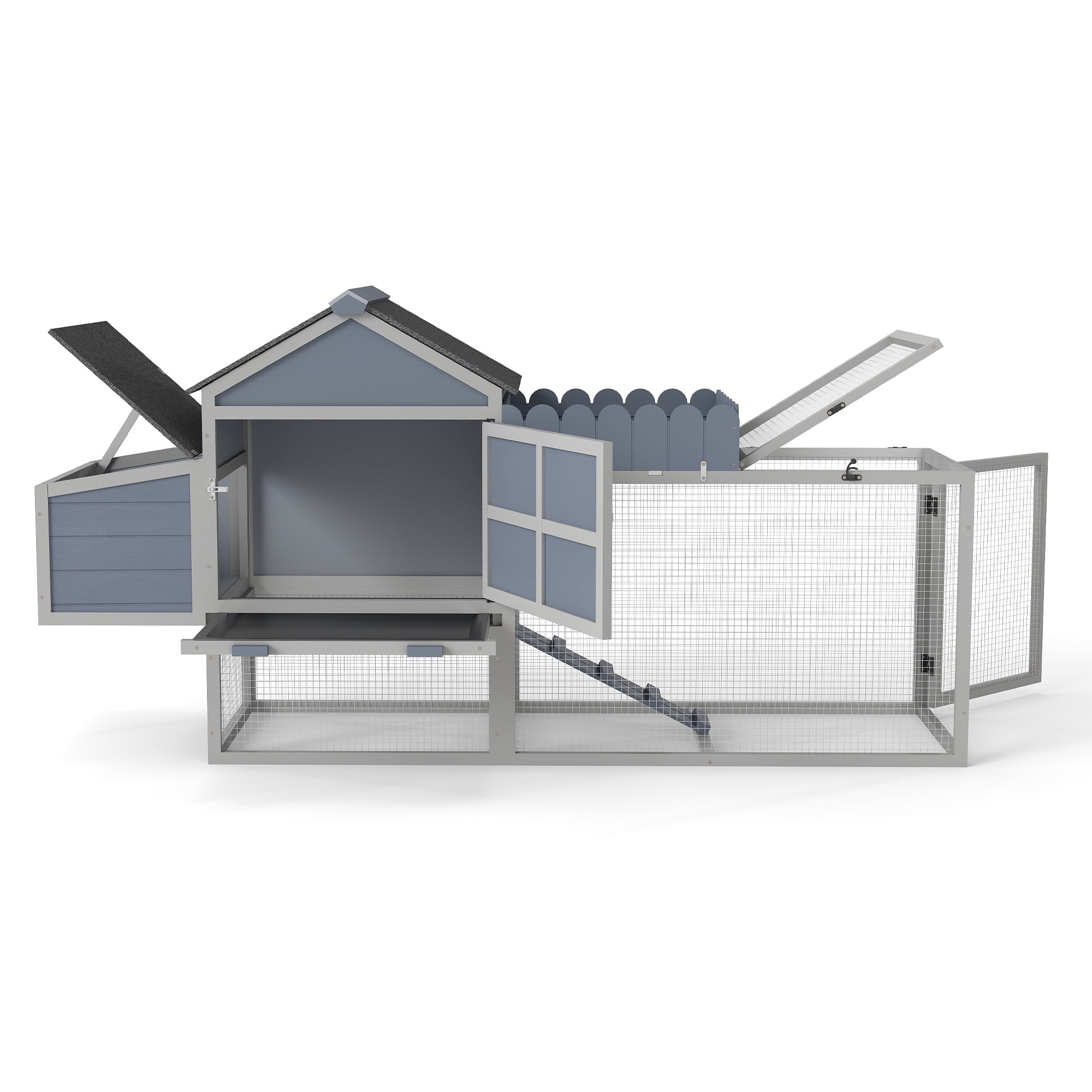 80" Wooden Chicken Coop, 2-Tier Backyard Hen House with Nesting Box, Run, Planter & PVC Roof, Easy-Clean Tray, Weatherproof Poultry Cage,Backyard Patio Poultry Habitat, Gray