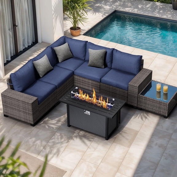 JOIVI 7 Pieces Patio Furniture Set with 45" Fire Pit Table, Wicker Outdoor Conversation Set with Cushions, Rattan Sectional Sofa and Table Set with 50,000 BTU Gas Fire Pit, Navy Blue