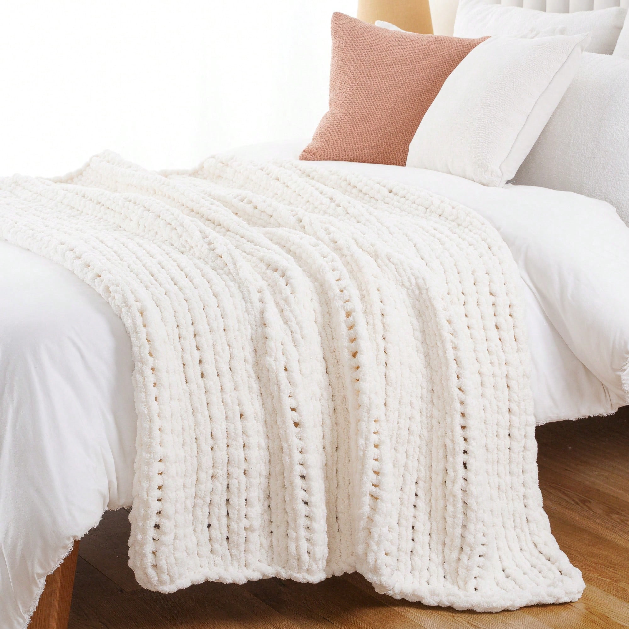 Battilo Cream Chunky Knit Throw Blanket,White Thick Chenille Throw Blankets for Living Room,50"x60"