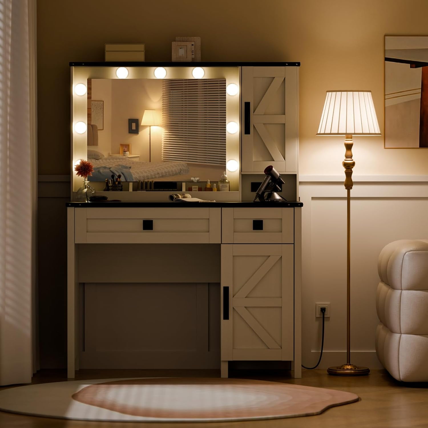 Vanity Desk with Mirror and Light, 39" Makeup Table with 2 Drawers, Cabinets & Power Outlet, 3 Lighting Modes Adjustable, Rustic Bedroom Dressing Table for Girls, Women, White