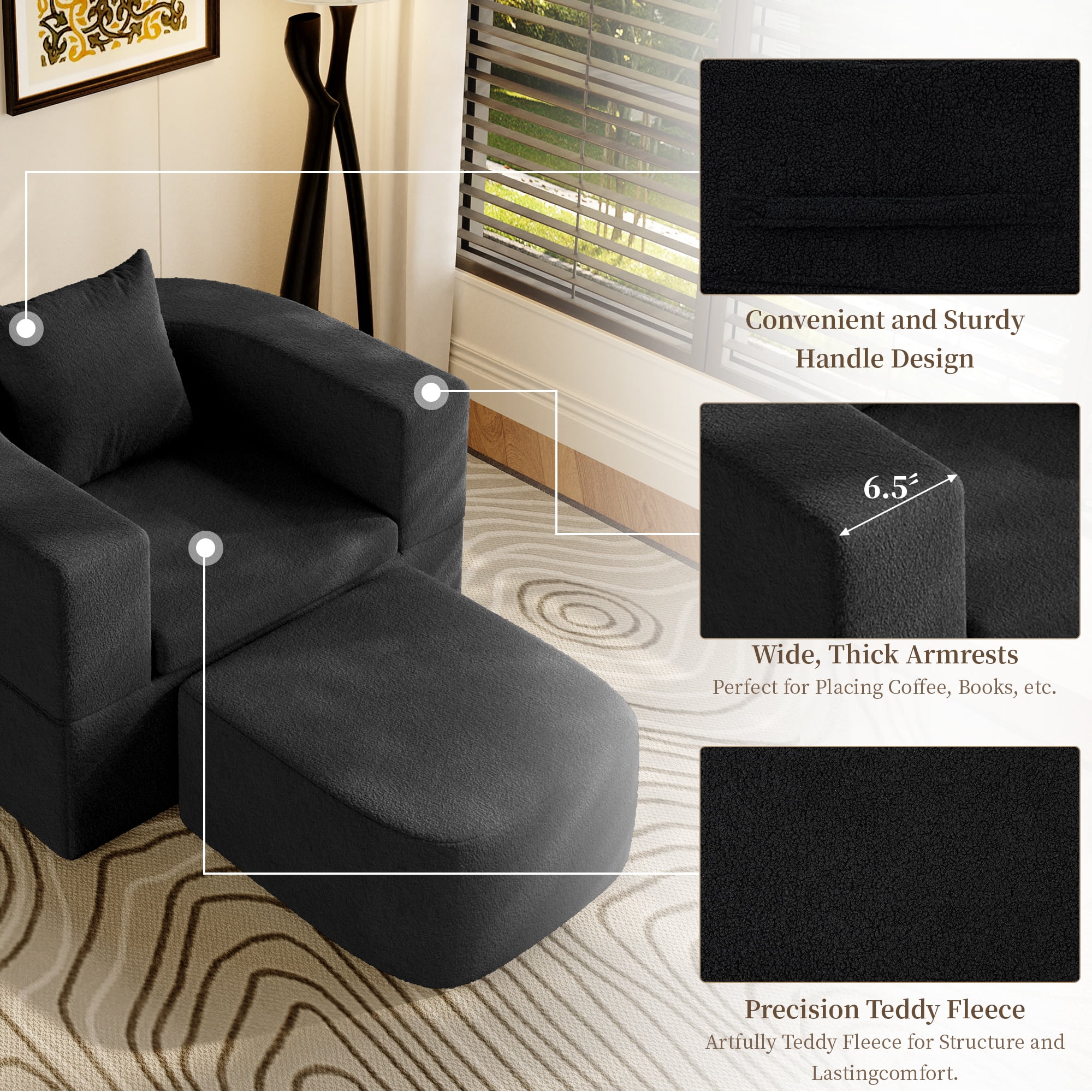 The Magic Home 41" Futon Sofa Bed Teddy Fleece Futon Couch Convertible Sleeper Floor Sofa Bed Upholstered Couch Reading Chair for Living Room, Black Couch, No Assembly