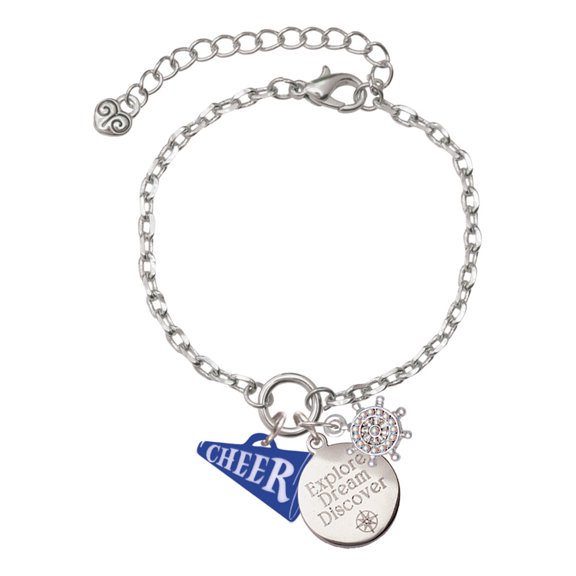 Delight Jewelry Acrylic 3/4" Royal Blue Cheer Megaphone Silvertone Discover Dream Explore Zoey Charm Bracelet, 6.5 2" Extender