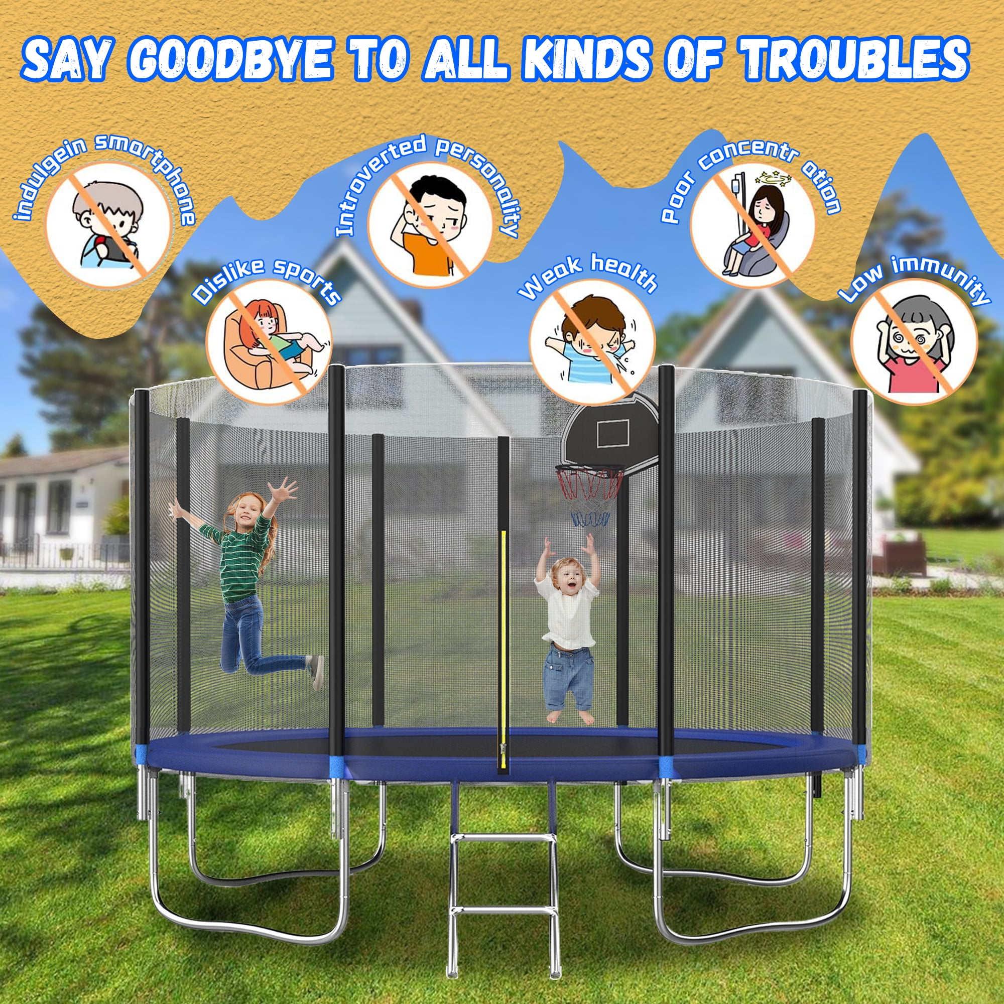 Shengchao Trade 1000LBS 12FT Trampoline for Adults and Kids,Trampoline with Enclosure,Basketball Hoop, Light,Recreational Trampoline with Ladder, Heavy Duty Trampoline Capacity for 4-6 Kids