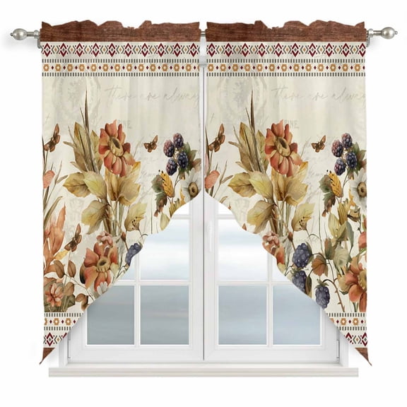 Vintage Floral Swag Curtains for Kitchen/Bedroom/Living Room, Elegant Pastoral Botanical Retro Art Scalloped Curtains 63 Inch Long, Window Swag Topper Curtains Valances 2 Panels Set 36"x63"