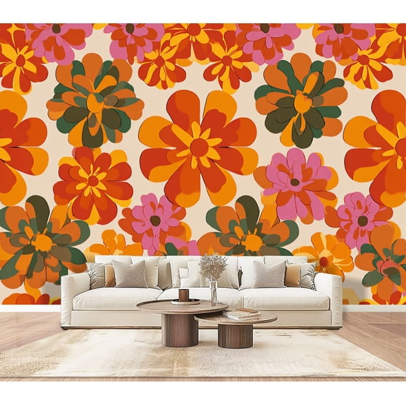 Wallpaper Seamless 70s retro floral vintage daisy flowers Peel and Stick Wall Murals 100"H x 144"W Removable PVC Wall Paper Self-Adhesive Wall Paintings Art Decor for Bedroom Living Room
