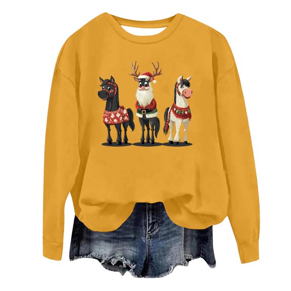 Christmas Long Sleeve Shirts For Woman Santa Hat Cow Sweatshirt Xmas Graphic Pullover Casual Holiday Top