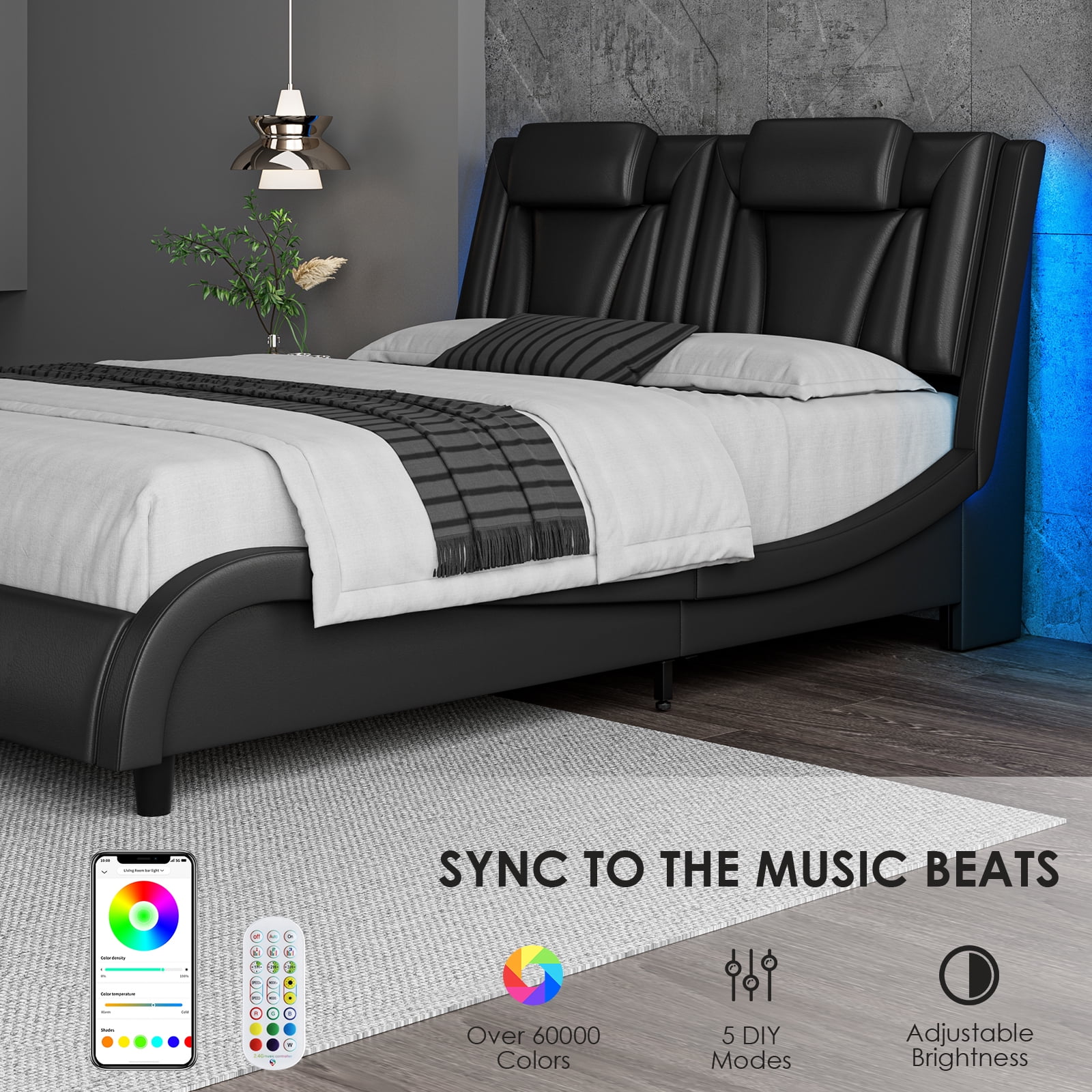 Homfa Queen Bed with LED Adjustable Headboard, PU Leather Upholstered