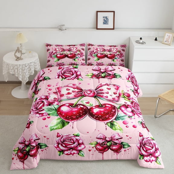 Bowknot Comforter Set King Size,Watercolor Tropical Cherry Roses Flowers Bedding Set,Women Room Decor,Princess Style Butterfly Knot Down Comforter,Pink Duvet Insert,2 Pillowcases