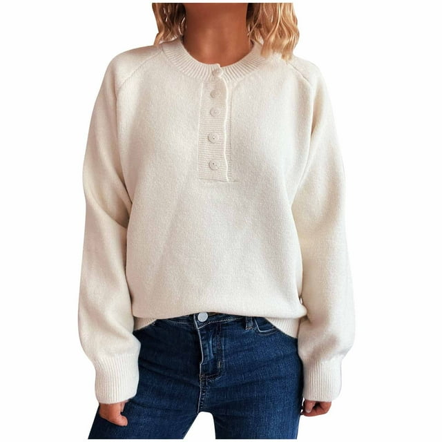 RKSTN Chandails pour Femmes Chandail à Manches Longues Col Rond Bouton Couleur Unie Tricot Mode Début d'Automne