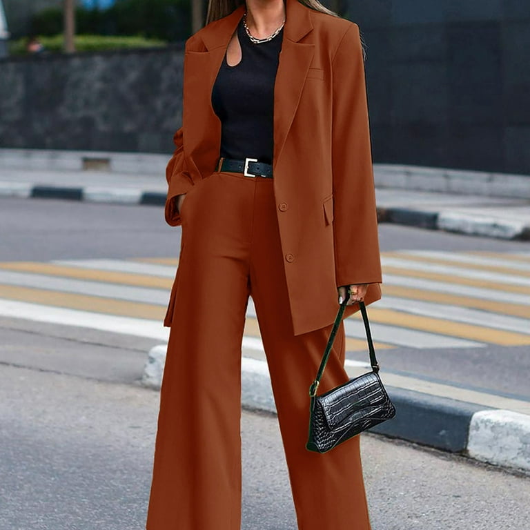 WNG Women's 2 Piece Open Front Button Long Sleeve Blazer and Bottom  Trousers Set Elegant Business Suits