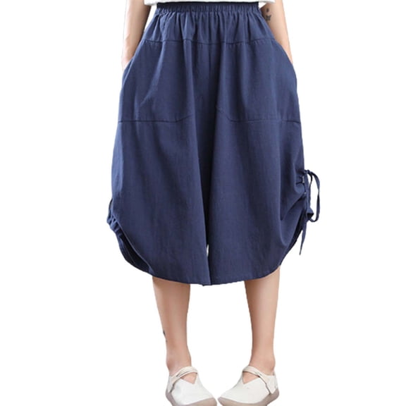 AWXNJUX Cargo Pants Women Plus Size Women's Pants Summer Loose Wide Leg Pants Elastic Waist Ladies Culottes Capri Pants Chiffon Pants Woman'S Pants Womens Casual Pants (Navy Blue,XXXXXL)