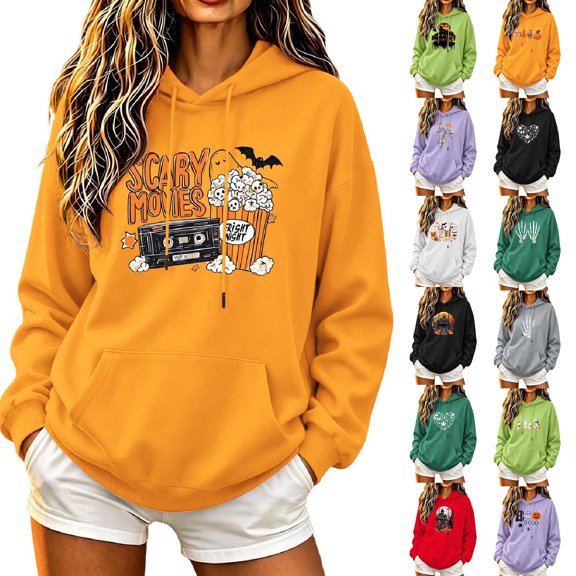 Halloween Hoodie Womens Long Sleeve Holiday Cute Graphic Sweatshirt Casual Fashion Oversized Pullover Tops with Pocket (XL, Orange-10)