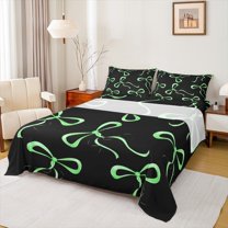 jejeloiu Kawaii Bow Tie Queen Sheet Sets,Cartoon Cute Bowknot Flat Sheet,Green Black Queen Fitted Sheet For Girls Teens,Luxury Bedroom Decor,4pcs