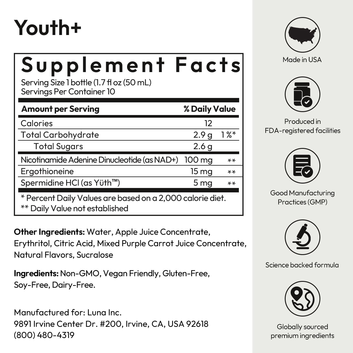 BIGVITA Youth+ |  Ready-to-Drink Supplement with Yüth, NAD+ & L-Ergothioneine | Supports Anti-Aging, Energy, Skin, Hair & Cognitive Health