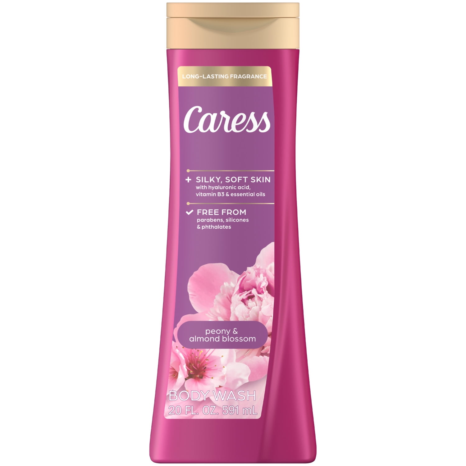 Caress Peony & Almond Blossom Body Wash, Hyaluronic Acid & Vitamin B3 for Moisturized, Silky Soft Skin, Long-Lasting Floral Bouquet Fragrance, 20 fl oz