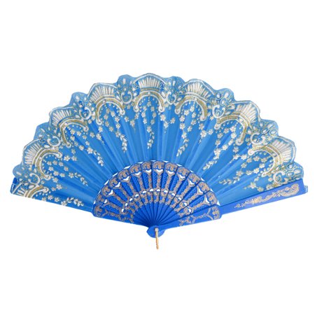 Folding Hand Fan - Lady Party Plastic Rim Fabric Flower Print Vintage Style Folding Hand Fan Blue