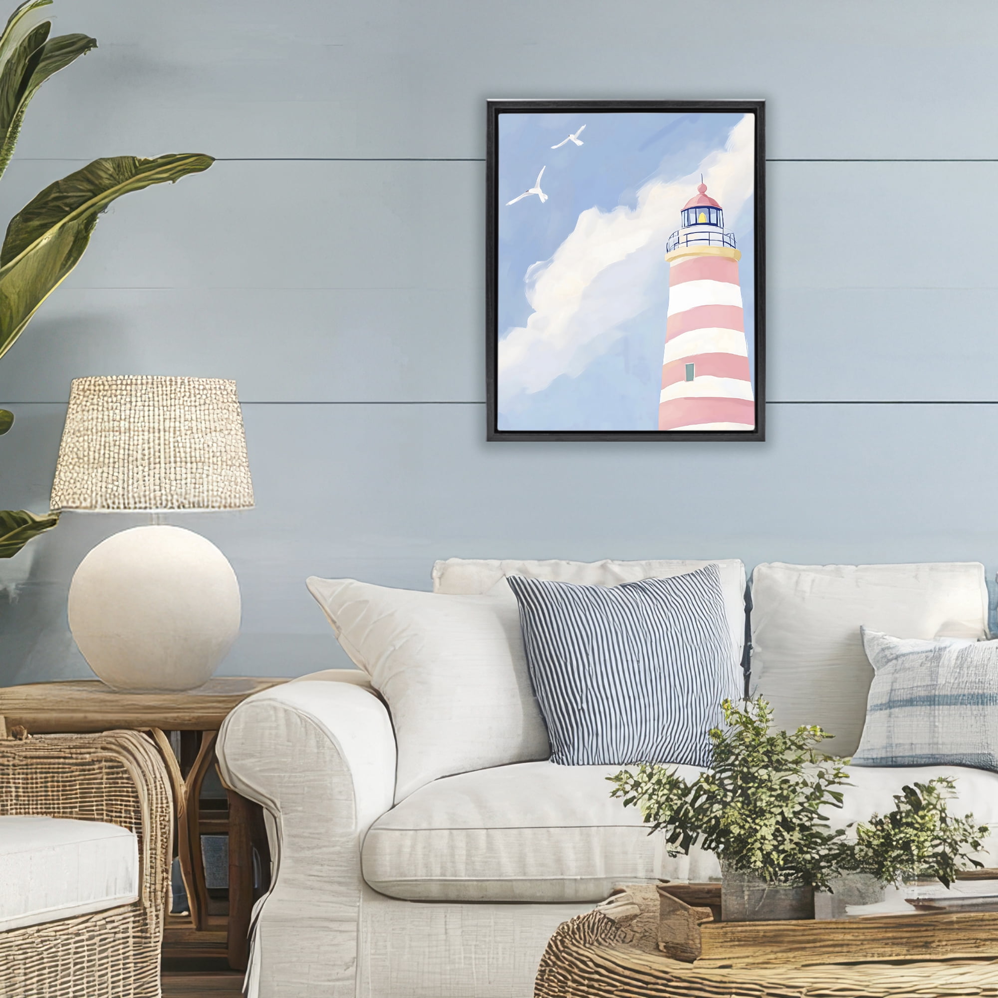 Stupell Industries Striped Lighthouse with Seagulls Black Framed Floater Canvas Wall Art, design by The Prints Vibe