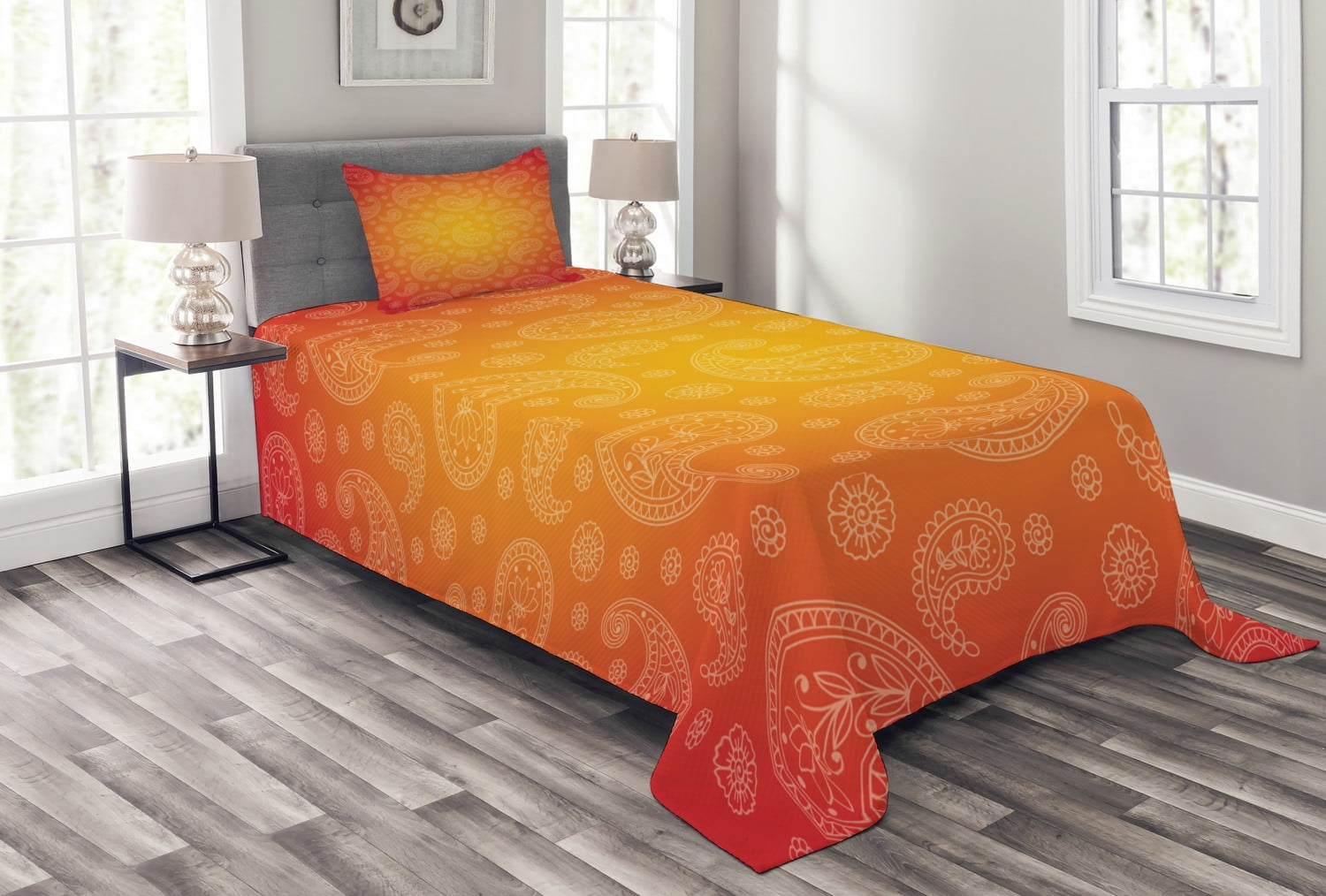 Orange Bedspread Set, Ombre Colored and Ethnic Themed Image with Blank