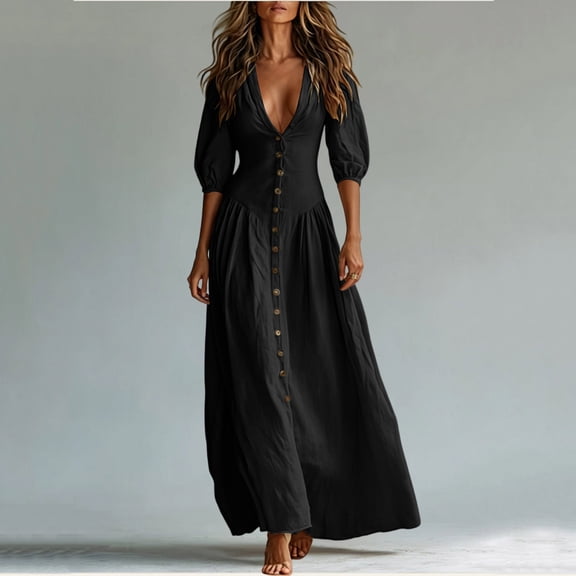 QUNYINEY Black Women Dresses Long Puff Short Sleeve Summer Cotton A Line Dress Slim Fit Flowy V Neck Casual Button Dresses