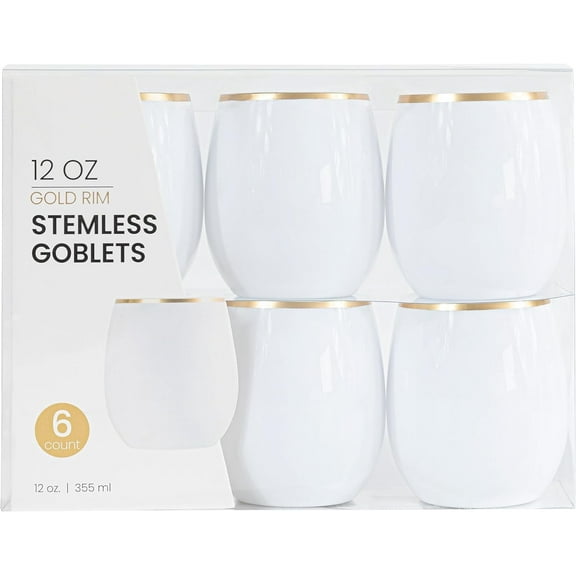 PLASTICPRO 12 Oz Disposable Stemless Wine Glasses White and Gold Rim Plastic Cups for Party, 6-Pack