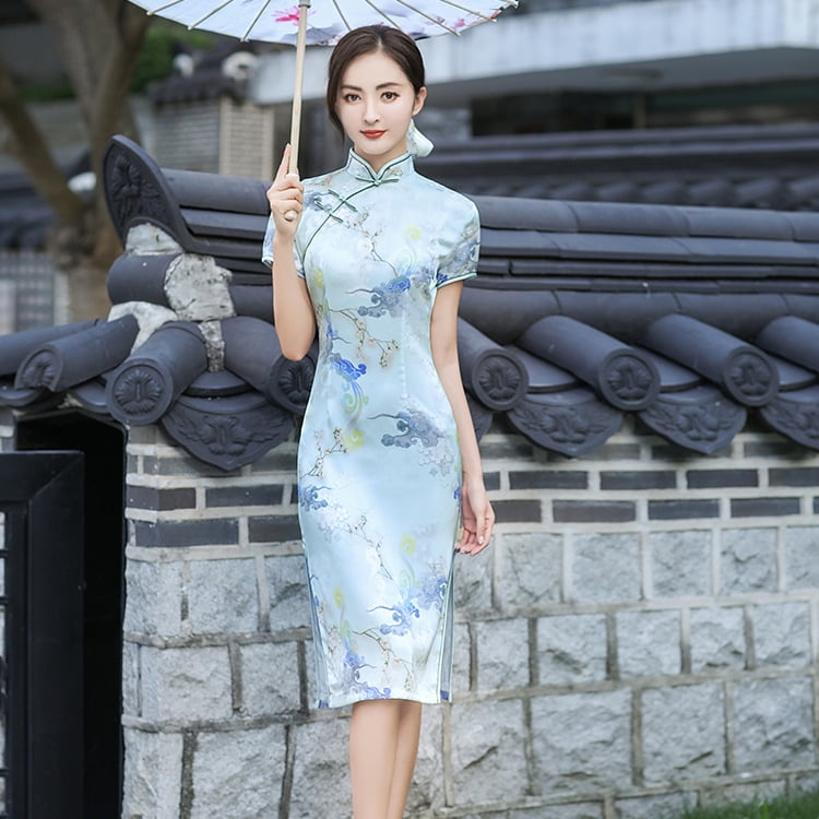 Summer Fashion Embroidered Butterfly Lace Short Sleeve Cheongsam Long Side Slit Dress White