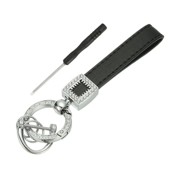 Leather Wristlet Keychain, Car Key Chain Holder with Silver Key Ring and Anti-Lost D Ring, Keychain Wristband for Women Men, Black