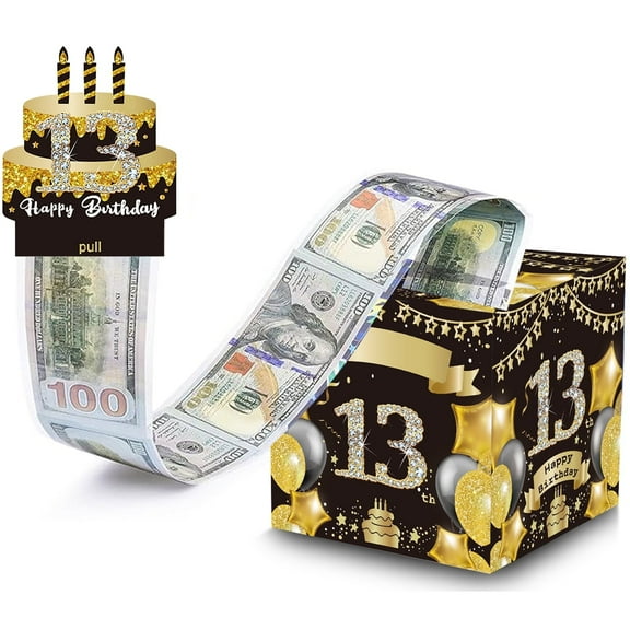 JESTAR Birthday Money Gift Box with DIY Stickers for 13th Birthday, Surprise Money Boxes for Cash Gift with Pull Out Happy Birthday Day Card and 50Pcs Transparent Bags