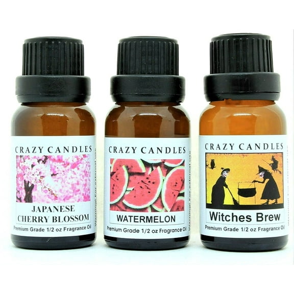 Crazy Candles 3 Bottle Set: 1 Japanese Cherry Blossom, 1 Watermelon, 1 Witches Brew 1/2 FL Oz Each (15ml) Premium Grade Scented Fragrance Oil Made in USA