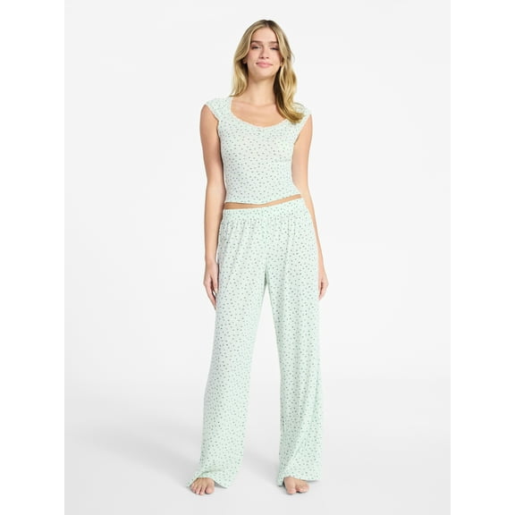 No Boundaries Sleep Pointelle Baby Tee and Pants Set, 2-Piece, Women’s XXS-3X