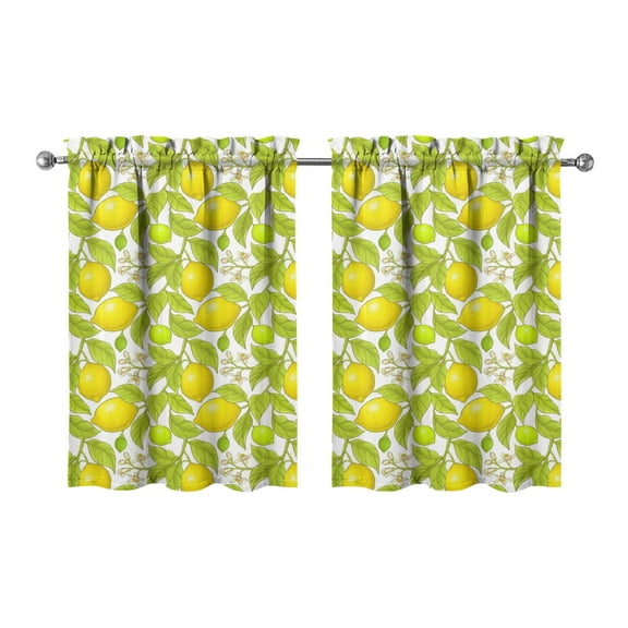 Rustic Lemon Print Kitchen Curtains 2 Pack - 27.5x36 Inch Tier Window Curtains, Summer Lemon Design Semi-Sheer Rod Pocket Panels for Farmhouse Style