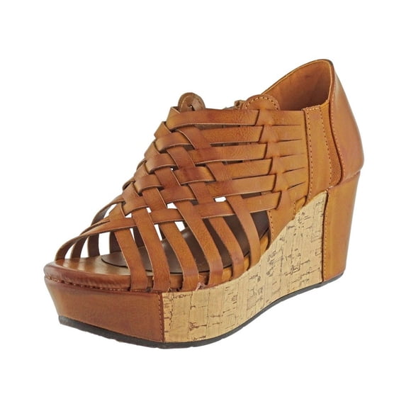 Pierre Dumas Women's Natural-1 Vegan Leather Criss Cross Strappy Wedge Platform Sandals,New Tan,6.5
