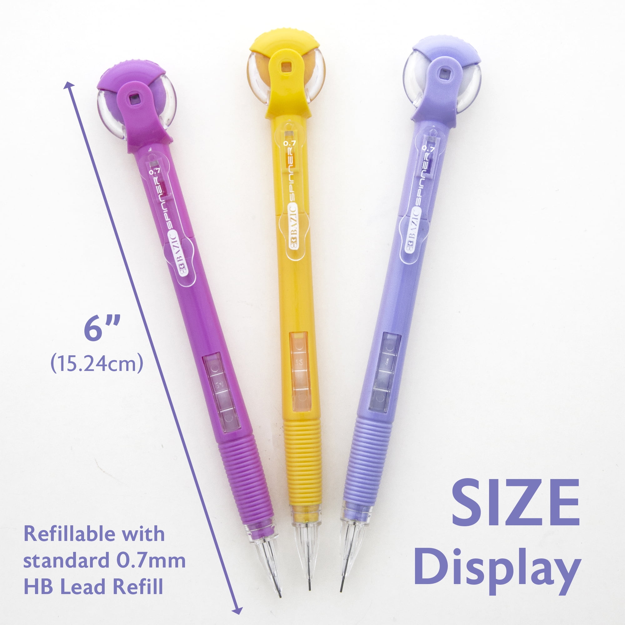 BAZIC Spinner Mechanical Pencil 0.7mm, Latex Free Eraser, (3/Pack), 24-Pack