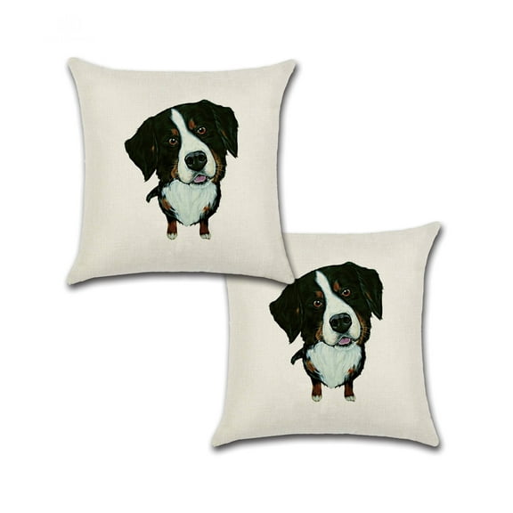 Set of 2 Pillow Covers 18x18, Cute Puppy Bernese Dog Design Cotton Linen Fabric Pet Bernese Portrait Decorative Indoor / Outdoor Throw Pillow Case Set 45x45cm
