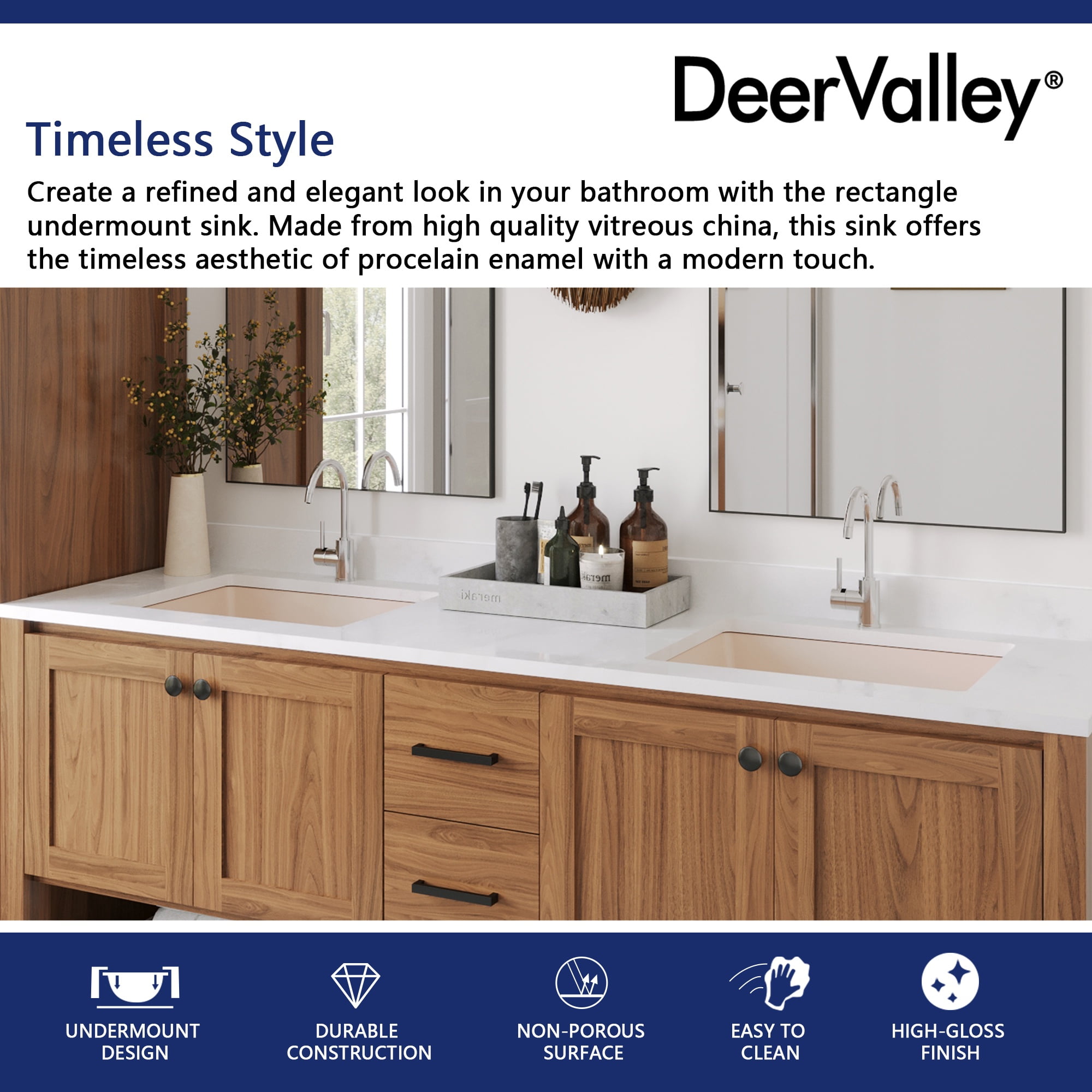 DV-1U201BN DeerValley Ursa 20" X 15.6" Rectangular Vitreous China Undermount Bathroom Sink with Overflow