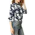 thumbnail image 3 of MODA NOVA Junior's Casual Boho Floral Printed V Neck Pussy Bow Blouse Navy Blue M, 3 of 6
