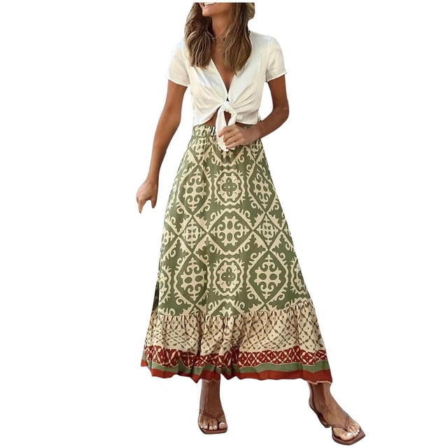 Womens Popular Summer New Print Loose Patchwork Ruffled A-Line Large Hem Skirt