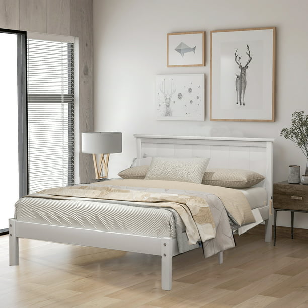 Platform Bed Frame With Headboard, White Carved Headboard Full Length